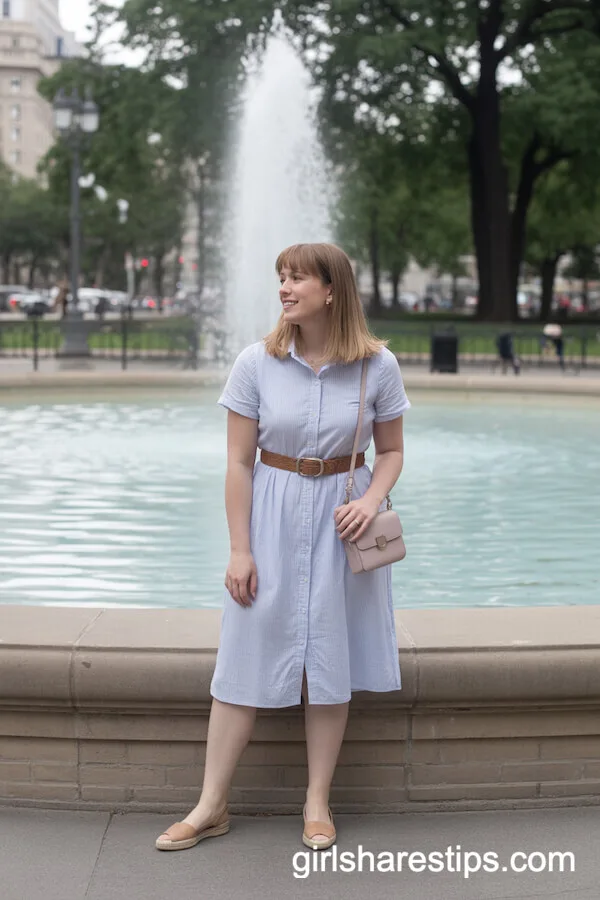 Short-Sleeve Belted Shirt Dress with Flat Espadrilles and Crossbody Purse