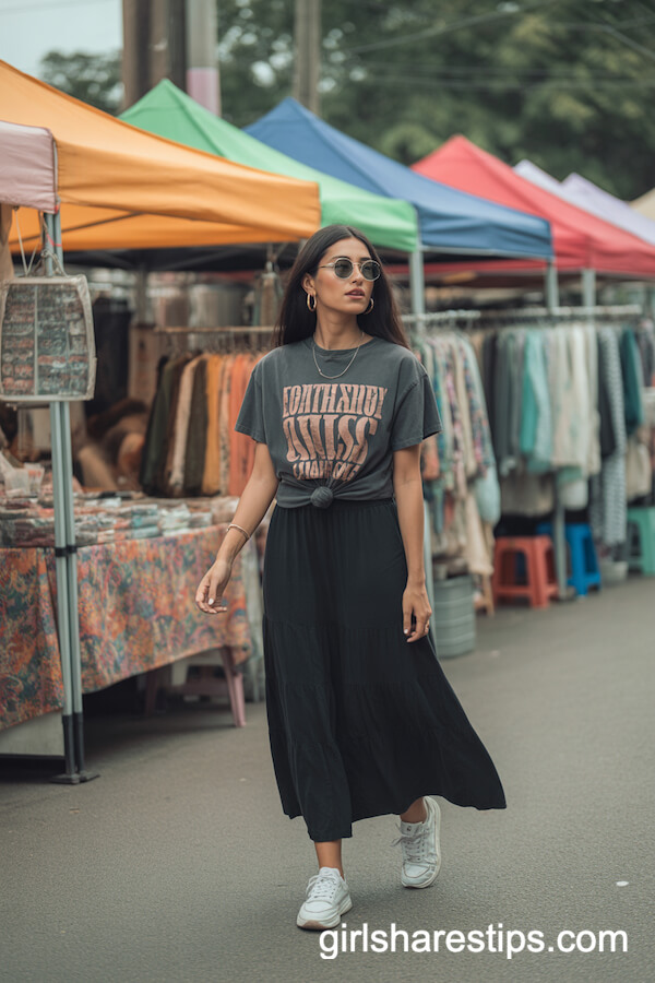 Black Maxi Skirt with Relaxed-Fit Graphic Tee and White Sneakers