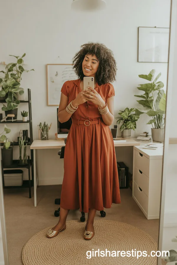 Rust-Orange Belted Midi Dress with Gold Bangles and Stylish Flats