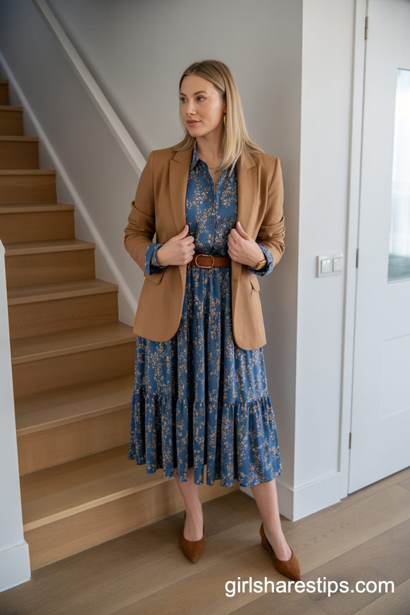 Blue Floral Midi Dress And Tan Blazer Feminine Office Outfit