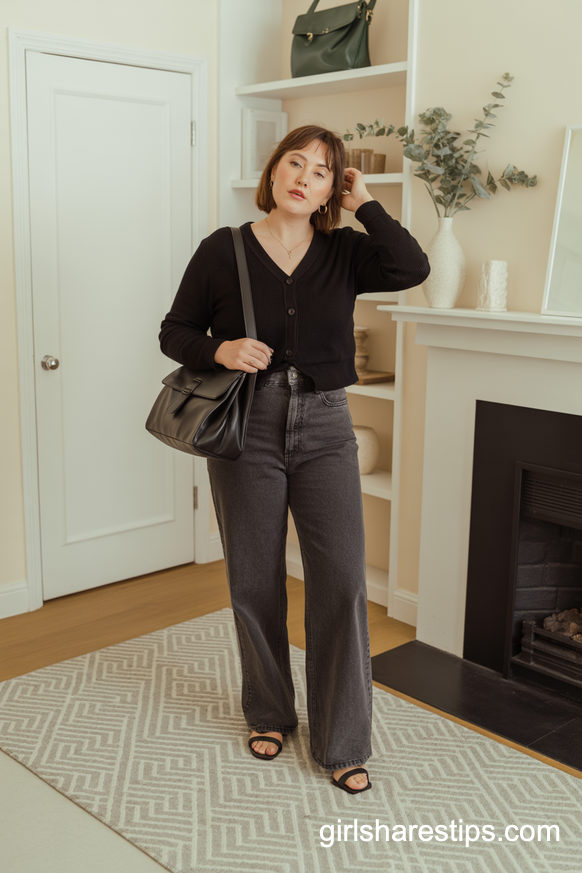 Black Cardigan And Wide-Leg Jeans Relaxed Creative Office Look