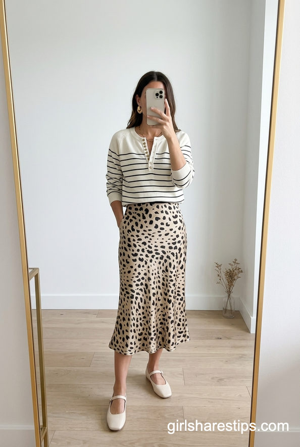 Striped Sweater And Leopard Satin Skirt Playful Pattern Mix Work Look