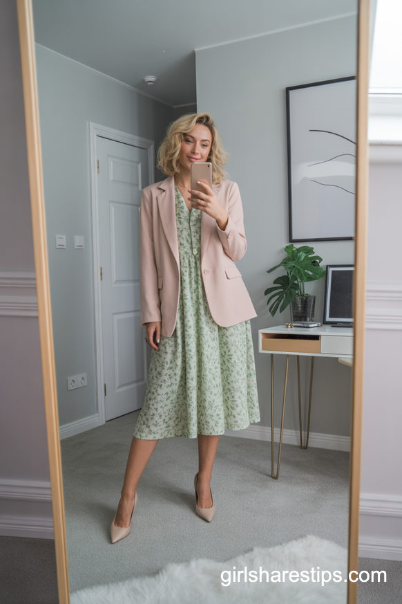 Soft Floral Midi Dress And Blush Blazer Workday Outfit