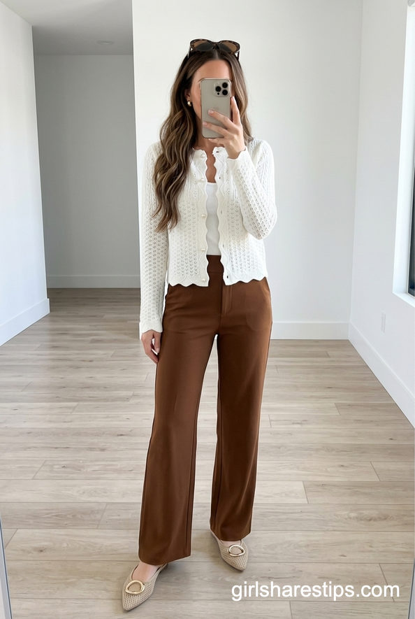 White Cardigan And Brown Pants Simple Neutral Office Combo