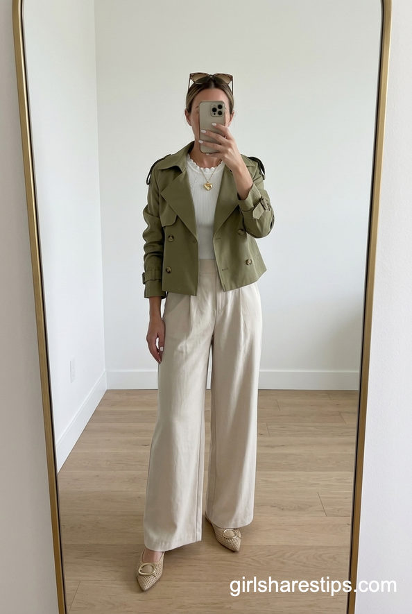 Green Short Trench And Beige Wide-Leg Pants Polished Layered Look