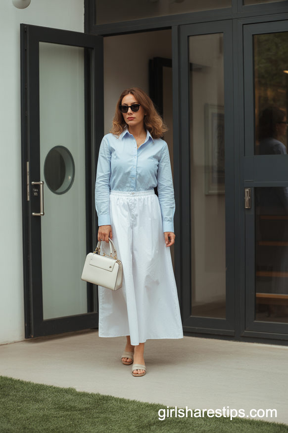 Light Blue Button-Up And White Maxi Skirt Minimalist Office Style