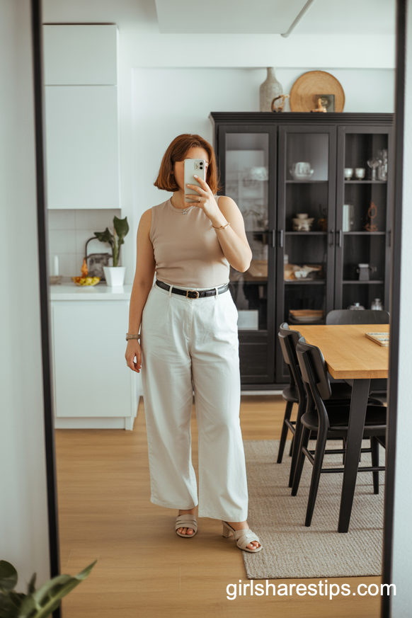 Beige Sleeveless Top And White Wide-Leg Pants Power Neutral Outfit