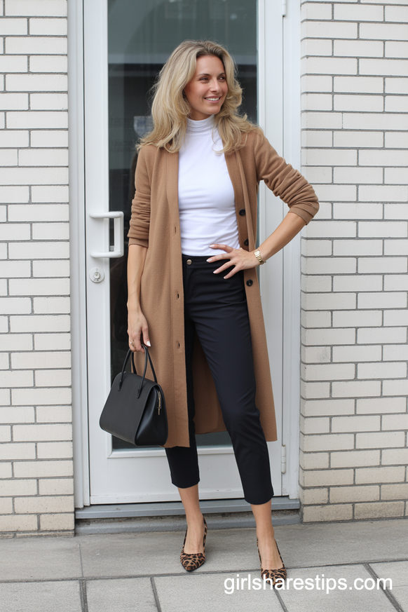 Camel Cardigan And Black Ankle Pants Effortless Workday Look