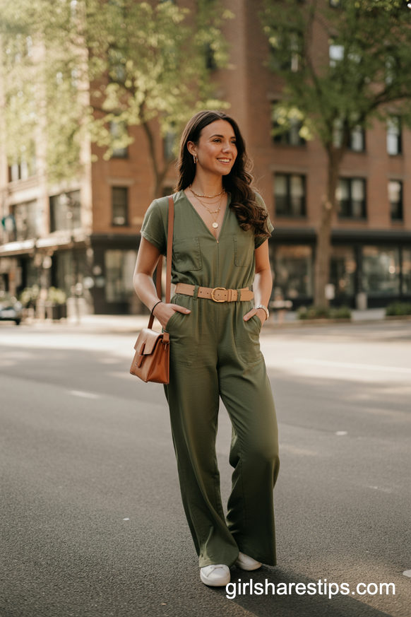 Olive Green Jumpsuit And Sneakers Easy One-And-Done Office Outfit