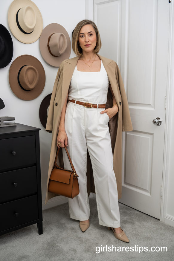 Crisp White Wide-Leg Pants And Long Coat Elevated Neutral Ensemble