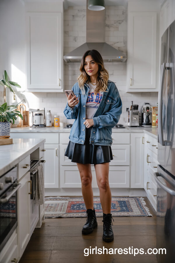 Mini Skater Skirt and Oversized Denim Jacket