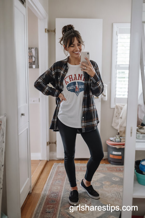 Flannel Overshirt with Leggings and Tank