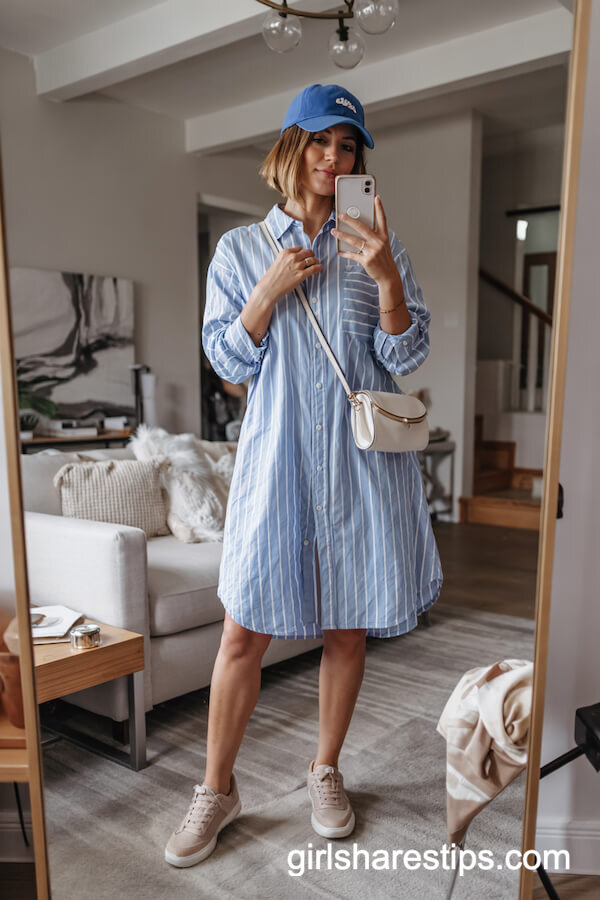 Striped Shirt Dress with Designer Bag