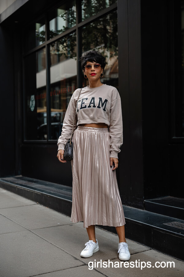 Metallic Midi Skirt and Cropped Sweatshirt