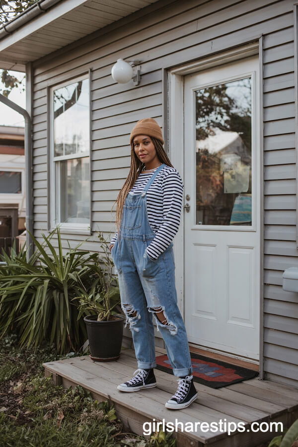 Distressed Overalls and Striped Tee