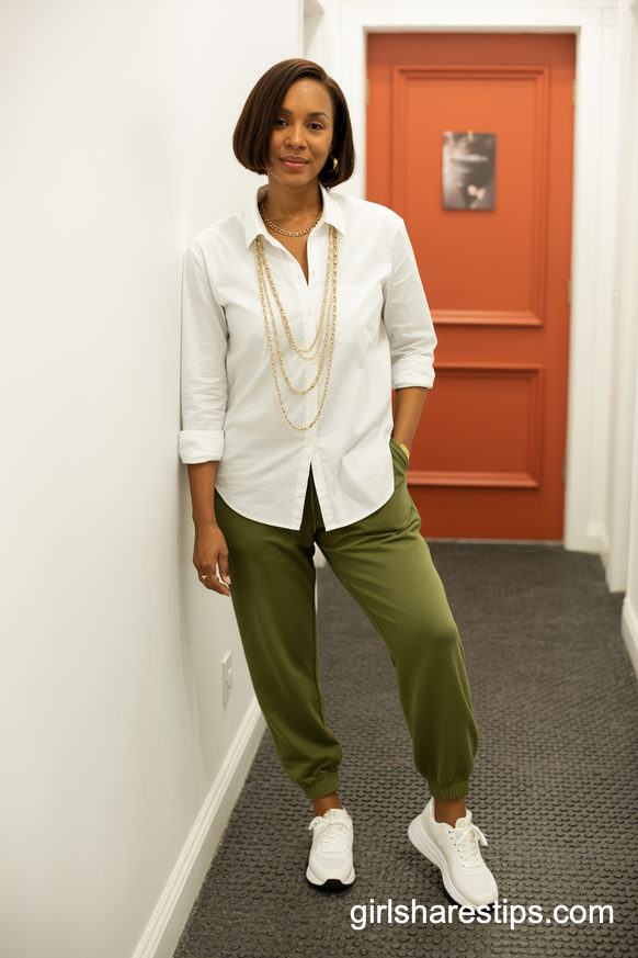 Classic White Shirt And Olive Joggers For Everyday Chic