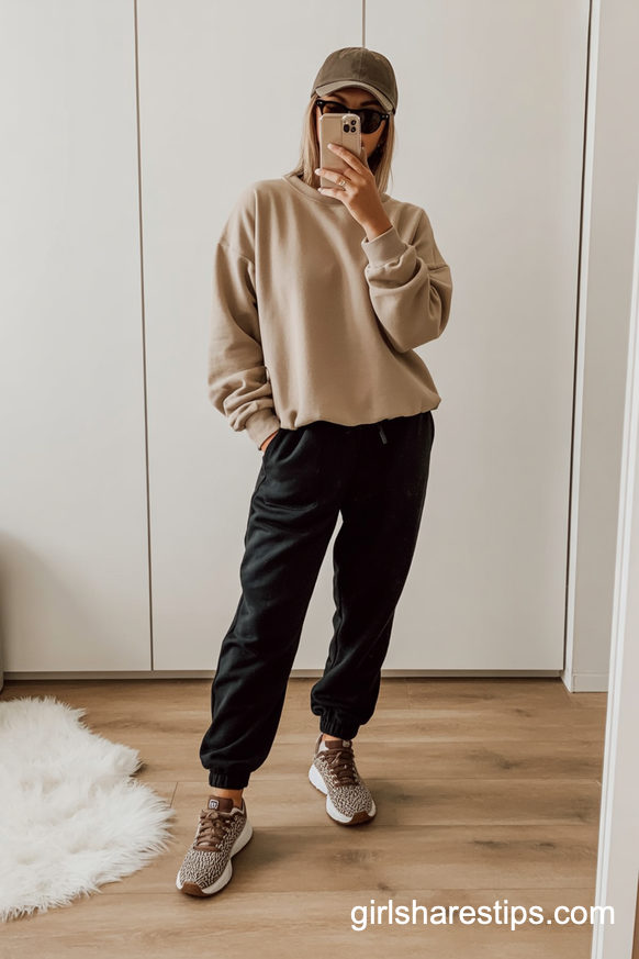 Beige Oversized Sweater And Black Joggers With Statement Sneakers