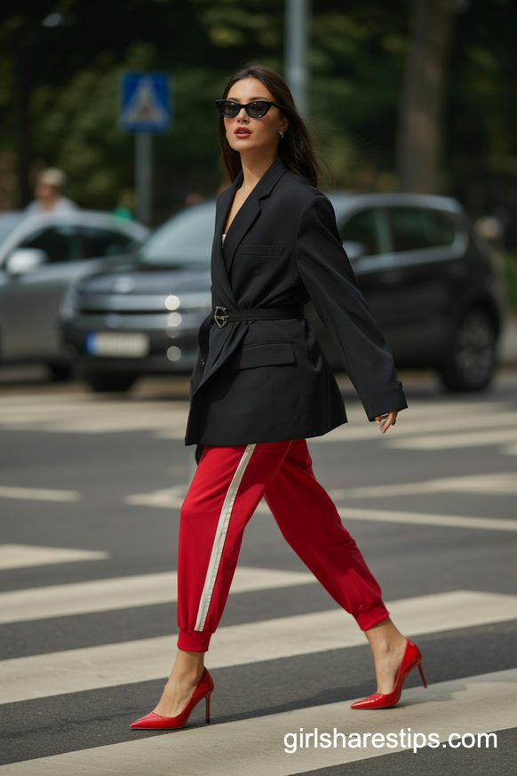 Bold Red Joggers And Belted Blazer For Street Style Energy