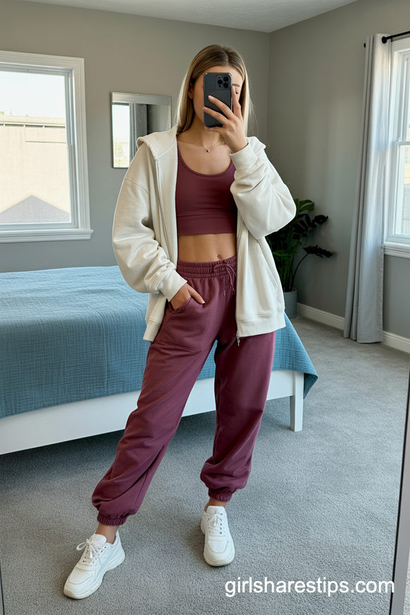 Burgundy Jogger Set With A White Zip Hoodie Layered On Top