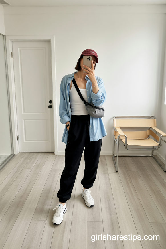 Denim Button-Up And Black Joggers With A Sporty Cap