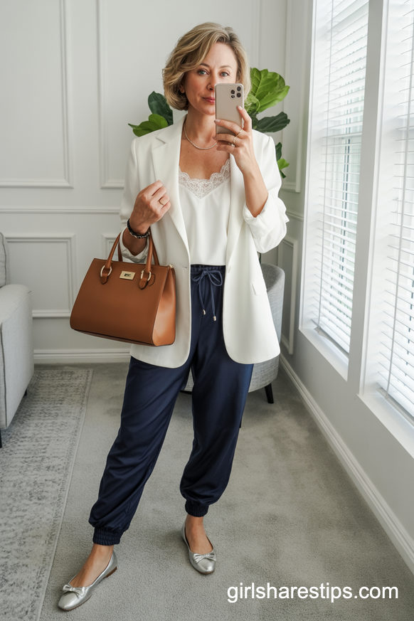 White Blazer And Navy Joggers For Polished Casual Days
