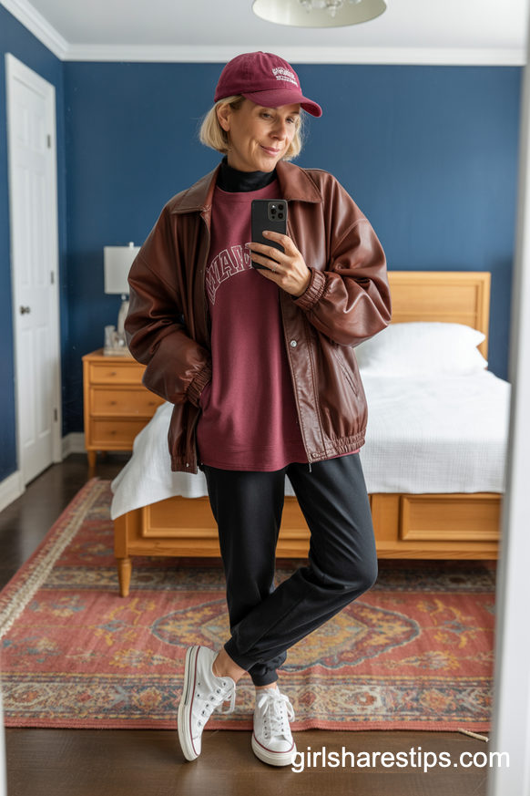 Maroon Sweatshirt And Black Joggers With A Leather Jacket Twist