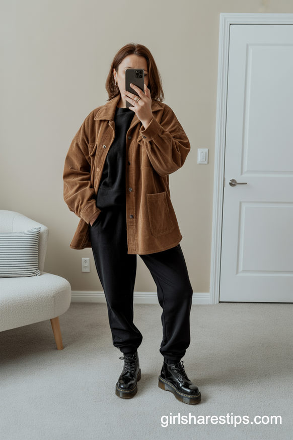 Corduroy Jacket And Black Joggers With Chunky Boots
