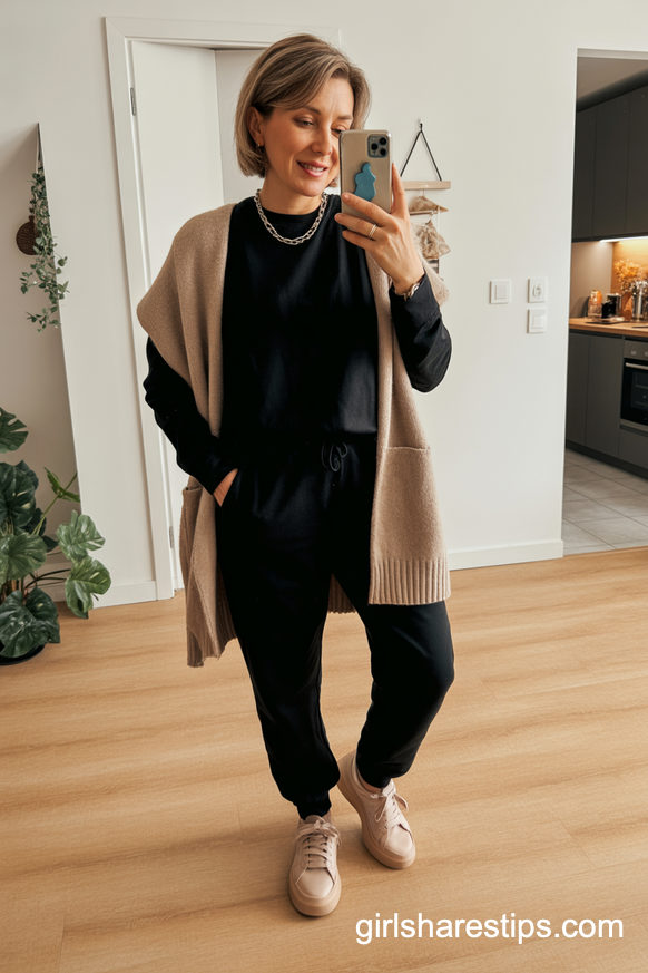 Black-On-Black Jogger Set With A Cozy Beige Cardigan