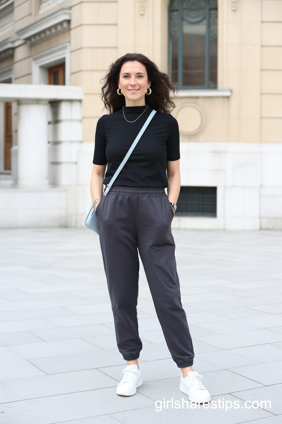 Black Mock Turtleneck And Charcoal Joggers With A Pop Of Blue