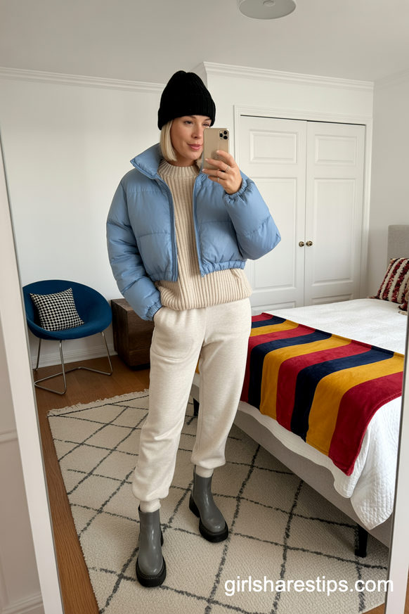 Light Blue Puffer And White Joggers For Winter Errand Days