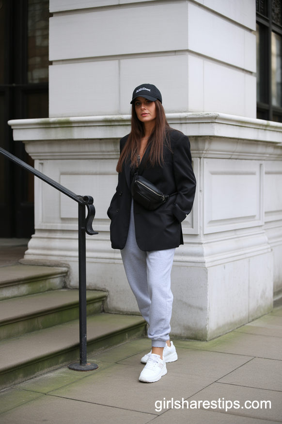 Black Blazer And Gray Joggers With Chunky White Sneakers