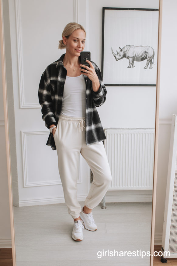 Monochrome White Athleisure Joggers With A Plaid Layer