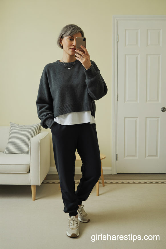 Cropped Charcoal Sweater And Black Joggers With Neutral Sneakers