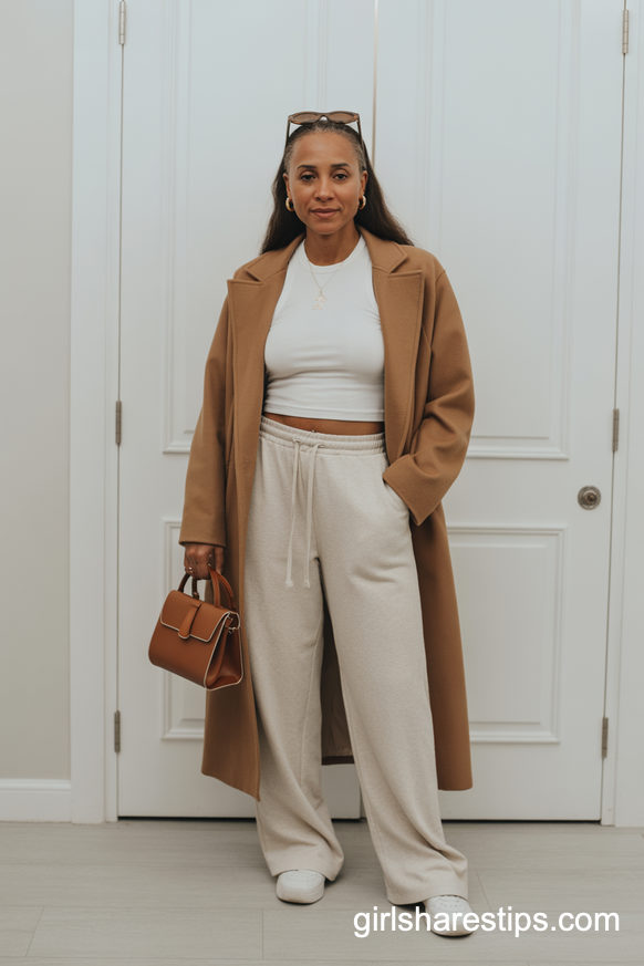 Camel Coat And Cream Joggers For Minimalist Winter Style