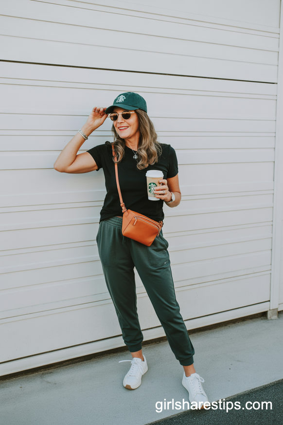 Sporty Dark Green Joggers With A Casual Black Tee And Cap
