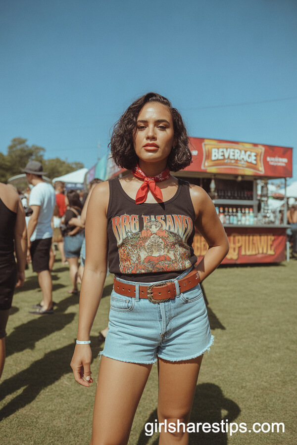Vintage Cool: Cutoff Shorts, Graphic Tank, and Bandana Accessory
