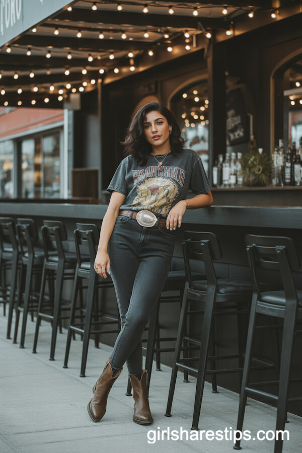 Retro Edge: Dark Wash Skinny Jeans with Vintage Tee and Oversized Belt