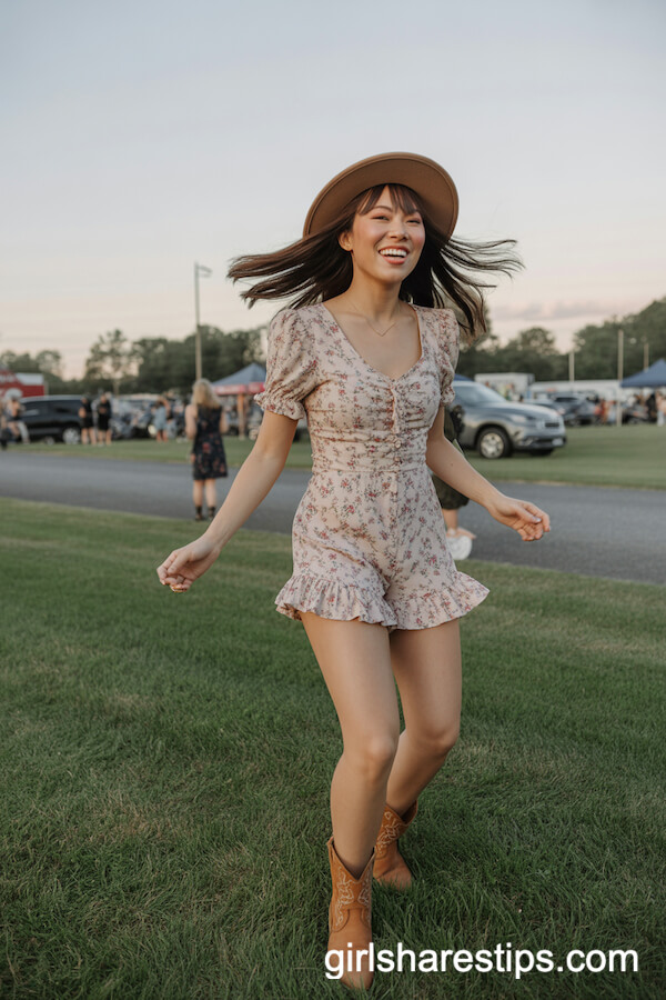 Twirl-Ready Style: Floral Print Romper, Tan Booties, and Western Hat