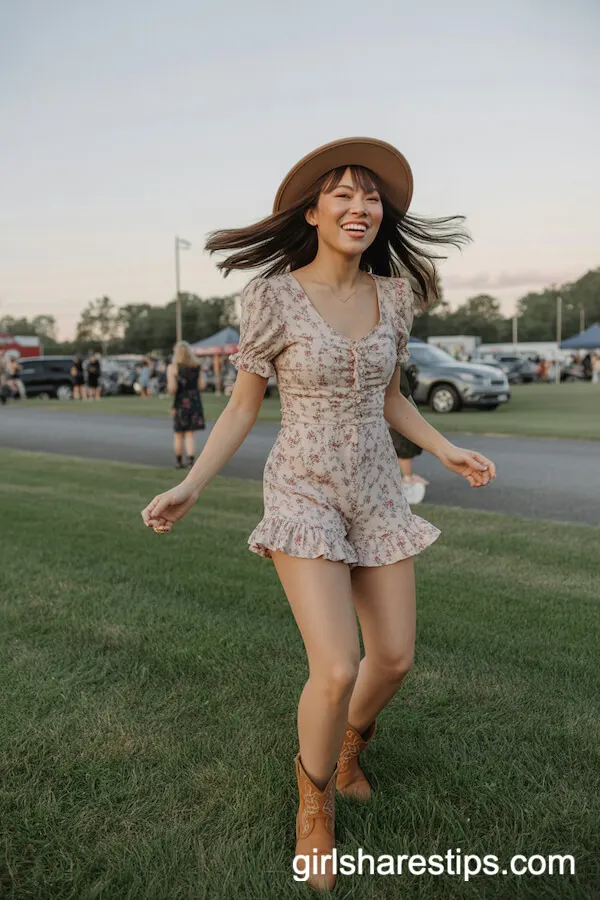 Twirl-Ready Style: Floral Print Romper, Tan Booties, and Western Hat
