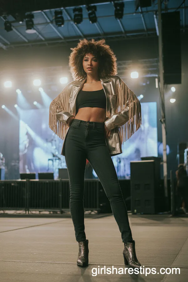 Concert Glam: Metallic Fringe Jacket, Crop Top, and Sparkly Western Boots