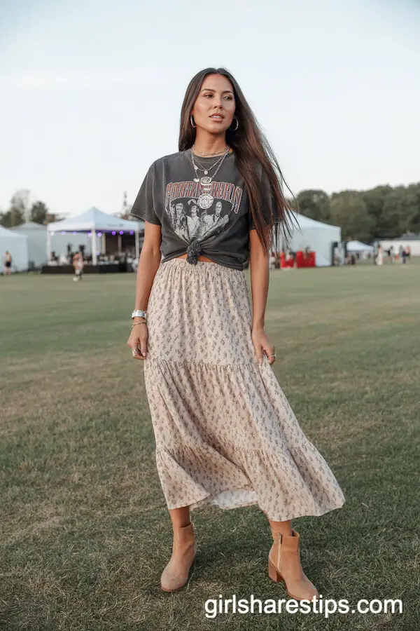 Boho Vibes: Tiered Floral Maxi Skirt with Band Tee and Suede Ankle Boots