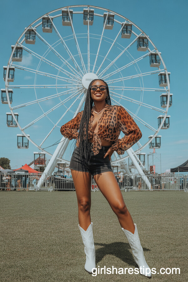 Bold & Playful: Leopard Print Blouse with Black Shorts and White Cowboy Boots