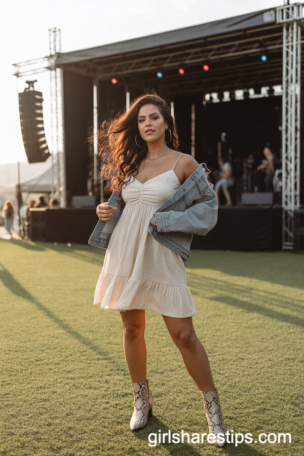 Ruffled Radiance: White Sundress with Denim Jacket and Snakeskin Boots