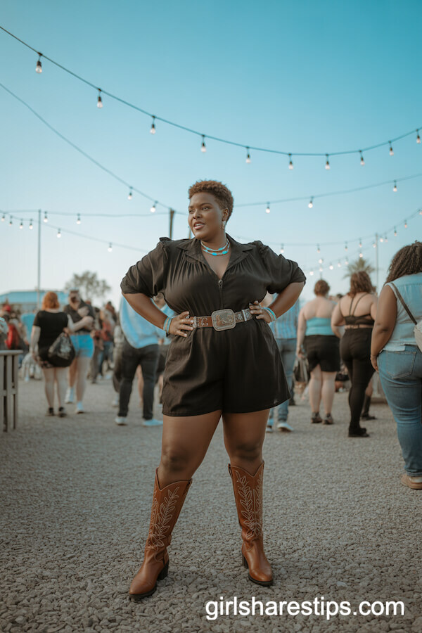 Festival Ready: Black Romper, Western Belt, and Tall Brown Boots
