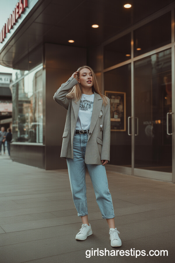 Chic Blazer and Graphic Tee with High-Waisted Jeans