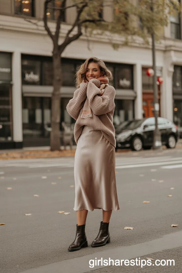 Cozy Knit Sweater and Silk Midi Skirt Ensemble