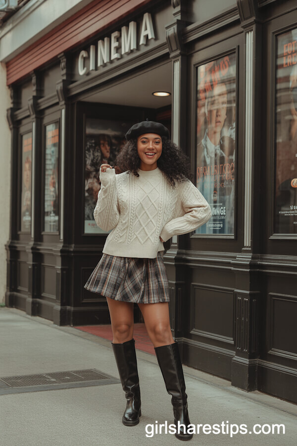 Plaid Mini Skirt with Sweater and Beret