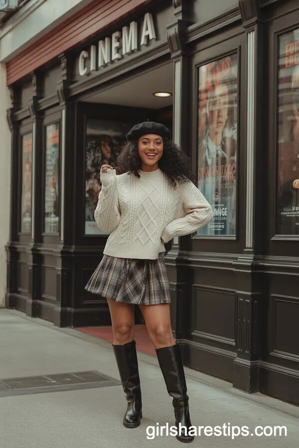 Plaid Mini Skirt with Sweater and Beret