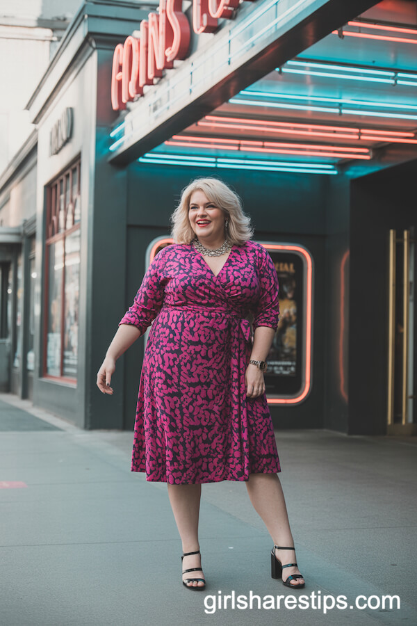 Bright Patterned Wrap Dress with Block Heels