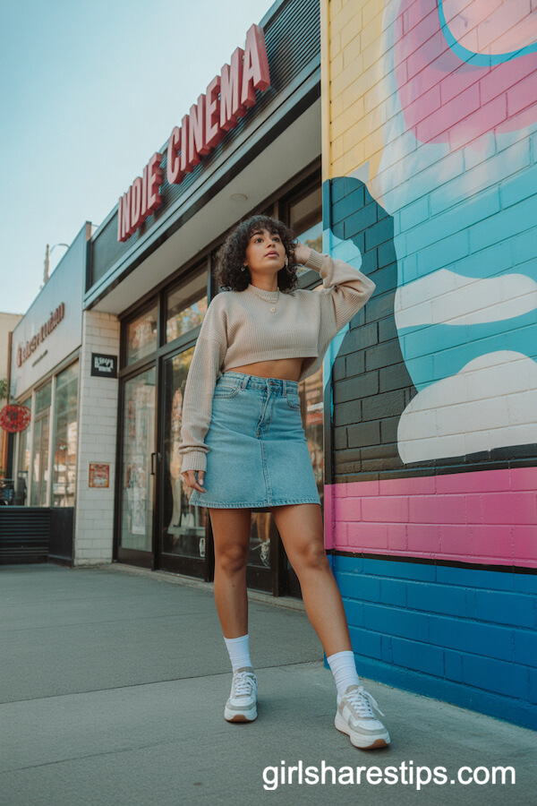 Denim Skirt and Cropped Sweater with Sneakers